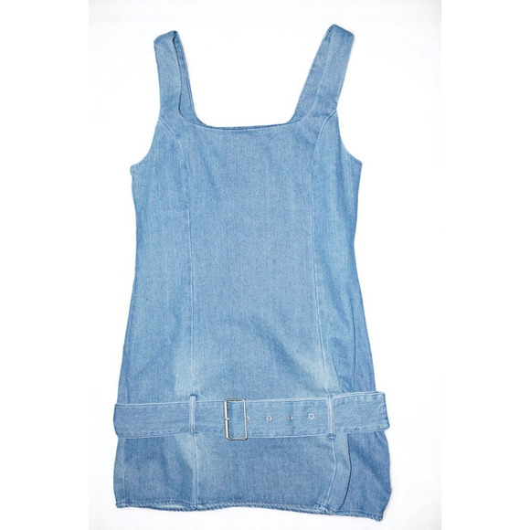 LE LIS Denim Mini Dress M Belted Tank Sleeveless Square Neck Blue Y2K Casual - Picture 13 of 16
